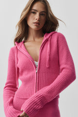 Wool Cashmere Ribbed Noble Full Zip Hoodie - Paradise Pink