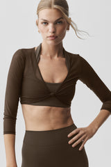 Mesh Knotty 3/4 Sleeve Top - Espresso
