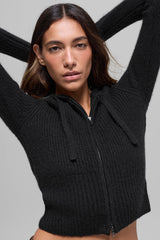Wool Cashmere Ribbed Noble Full Zip Hoodie - Black