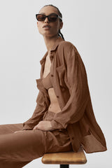 Semi-Sheer Golden Hour Button Down Long Sleeve - Sun Kissed Brown